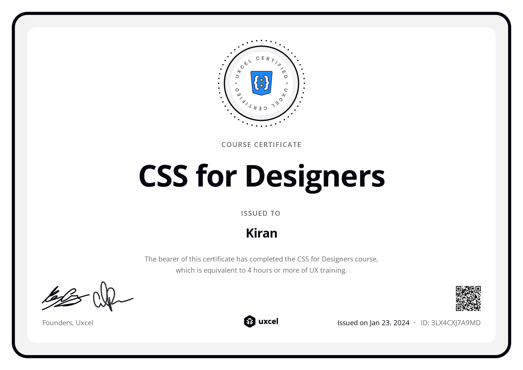 Kiran's certificate